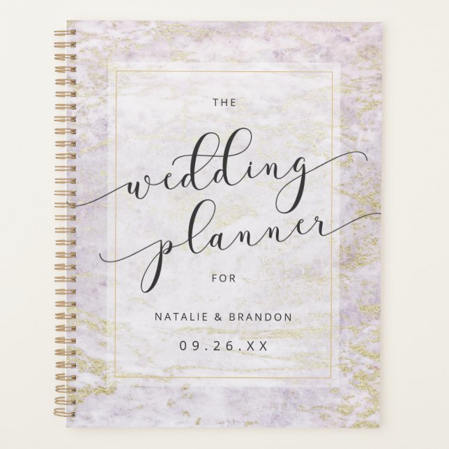 Agenda Mármoles modernos en violeta con planes de Boda de (Anverso)