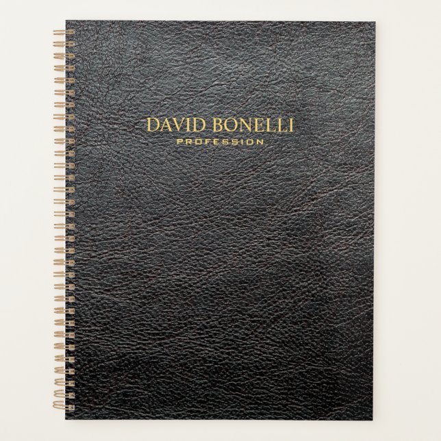 Agenda Masculina elegante de cuero negro personalizada (Anverso)