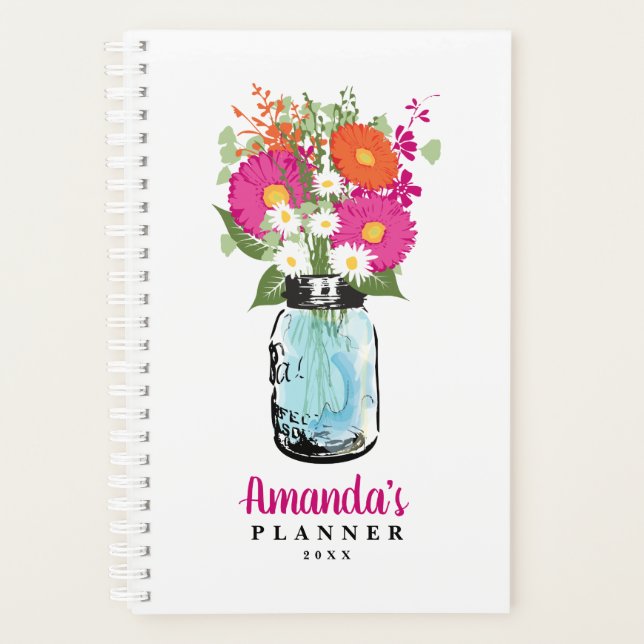 Agenda Mason Jar Fuchsia Naranja Rosado Gerber Daisies (Anverso)
