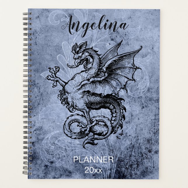 Agenda Medieval Dragon Distressed Blue Background Planner (Anverso)