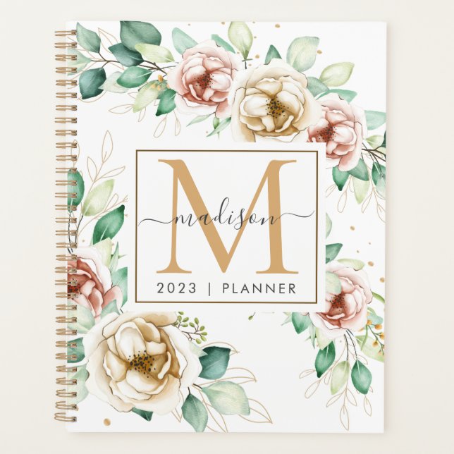 Agenda Mensual 2023 Monograma acuarela Floral Semanal (Anverso)