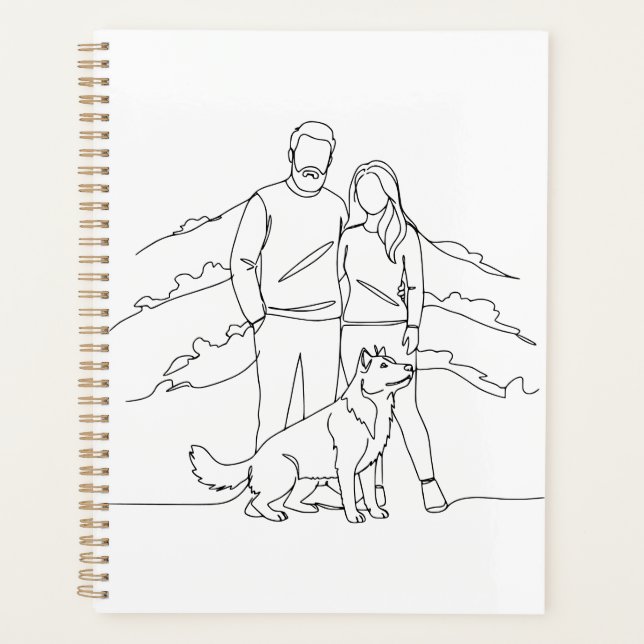 Agenda Minimalist Modern Couple with Dog Line Art Drawing (Anverso)