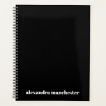 Agenda Minimalista nombre de apellido personalizado negro<br><div class="desc">Nombre personalizado,  apellido,  texto o monograma minimalista,  sencillo y elegante moda planetario de color sólido. Personalizado blanco moderno serif nombre tipografía o patrón de texto sobre fondo negro. Todos los colores son editables.</div>