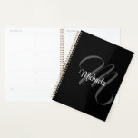 Agenda Minimalistic modern monogram initial name<br><div class="desc">Minimalistic modern monogram initial name black white. Personalizable custom name with a cursive initial behind on a black color.</div>