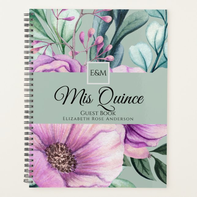 Agenda Mis QUINCE Purple Floral Quinceanera GUESTBOOK NUE (Anverso)