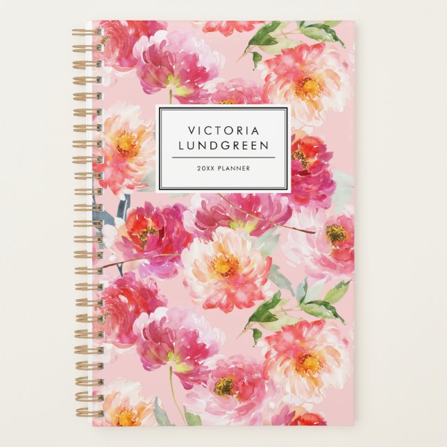 Agenda Moda acuarela Rosa Peonies Personalizado de patron (Anverso)