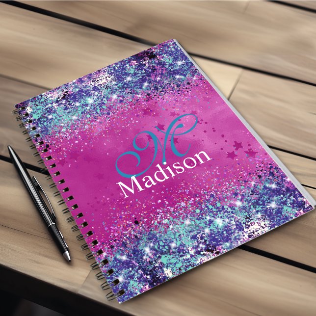 Agenda Moda aqua purpurina rosado iridiscente monograma (Subido por el creador)
