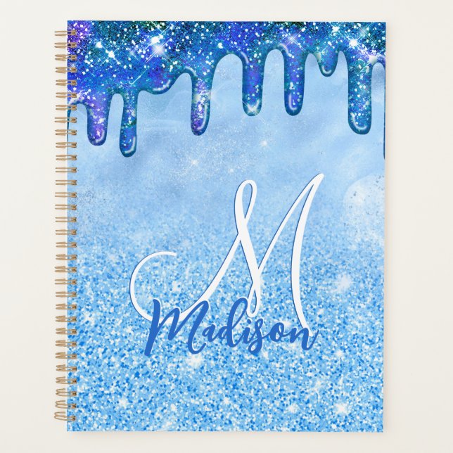 Agenda Moda azul oscuro purpurina goteo monogramo (Anverso)