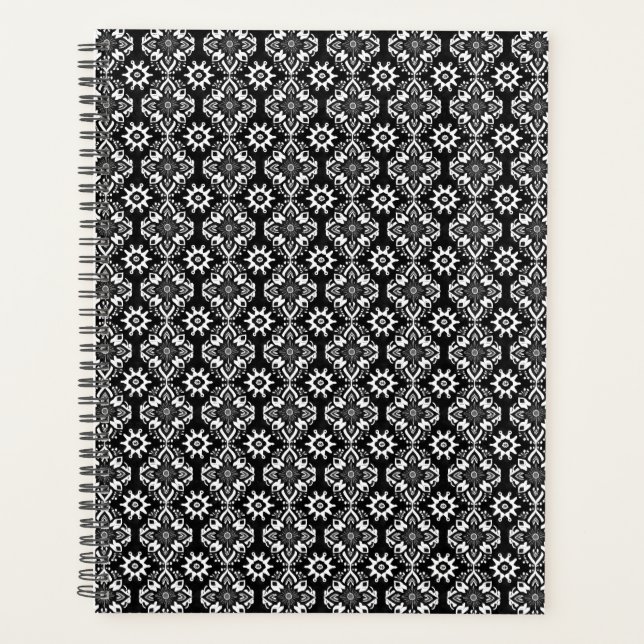 Agenda Moda Boho Patrón floral blanco y negro (Anverso)