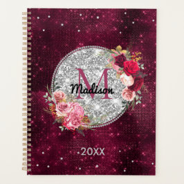 Agenda Moda falsa Purpurina plateado Burgundy Floral mono
