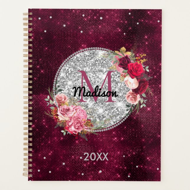 Agenda Moda falsa Purpurina plateado Burgundy Floral mono (Anverso)