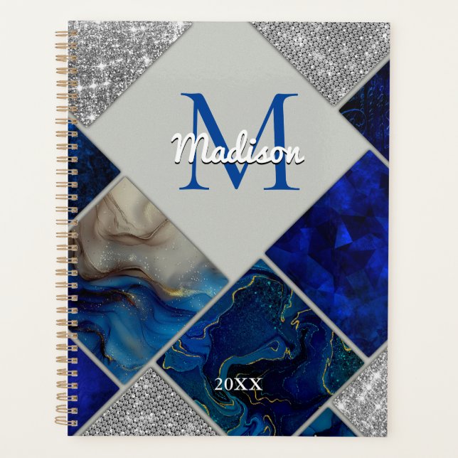 Agenda Moda girly faux Purpurina plata azul geométrico (Anverso)