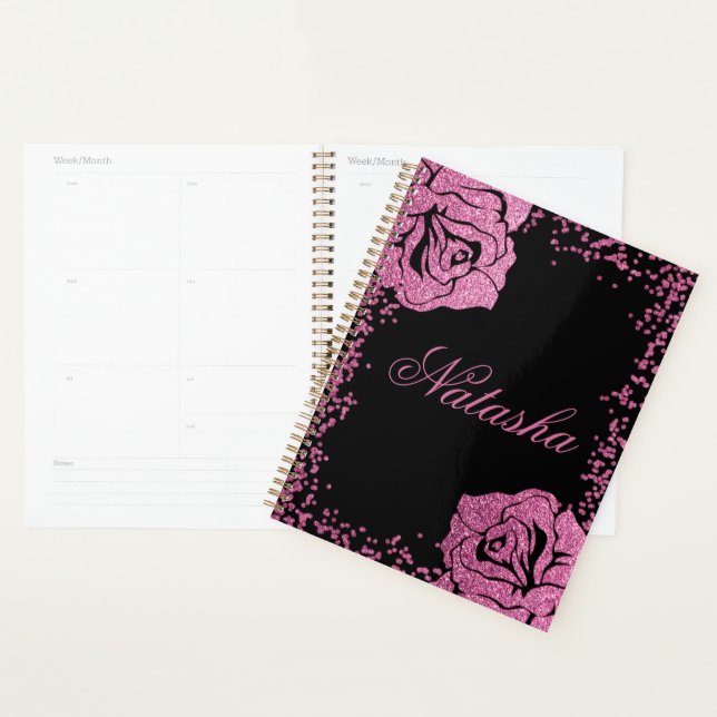 Agenda Moda Girly Purpurina Rosa Rosa Negro Personalizado (Demostración)