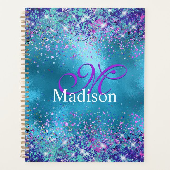 Agenda Moda Monograma purpurina rosa azul (Anverso)