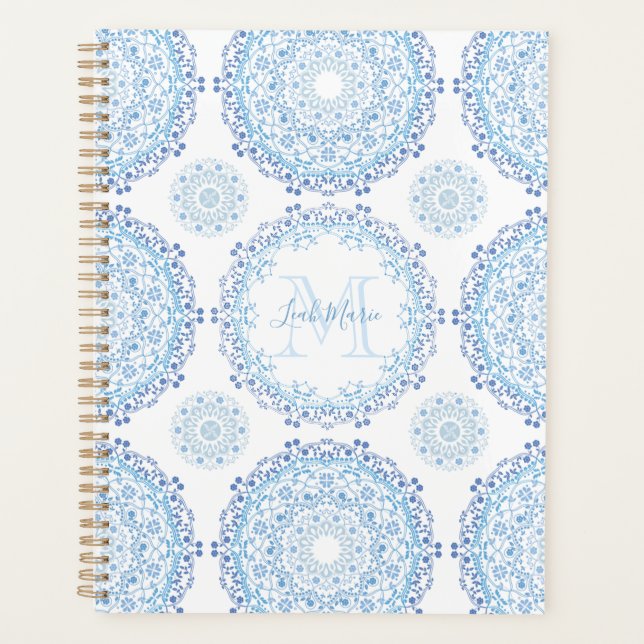 Agenda Moda monogramada de Mandala azul moderna (Anverso)