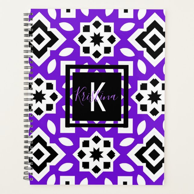 Agenda Moda Morado Negro y Blanco Geométrico Personalizad (Anverso)
