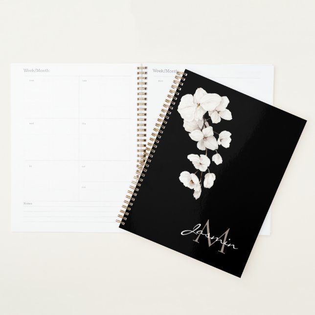 Agenda Modern Black and White Orchid Floral Monogram (Demostración)