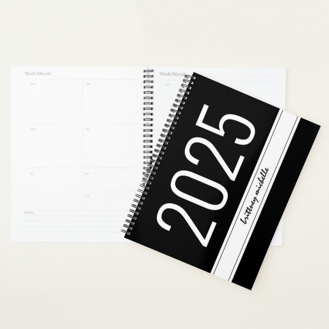 Agenda Modern Black Bold Simple Stripe Personalized 2025 (Demostración)