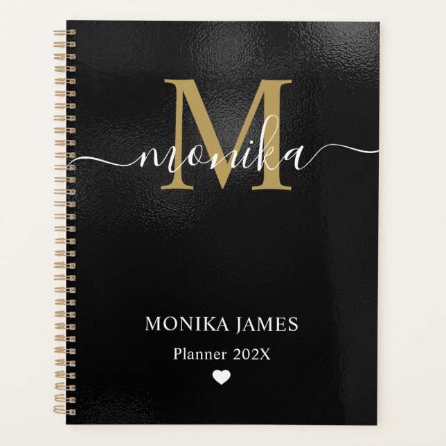 Agenda Modern Black Brushed Metal Gold Heart Monogram (Anverso)