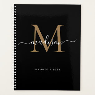 Agenda Modern Black Gold Girly Monograma Script Nombre 20