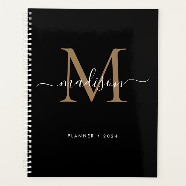 Agenda Modern Black Gold Girly Monograma Script Nombre 20 (Anverso)