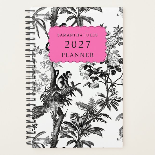 Agenda Modern Black White Pink Tropical Monkey Pattern (Anverso)