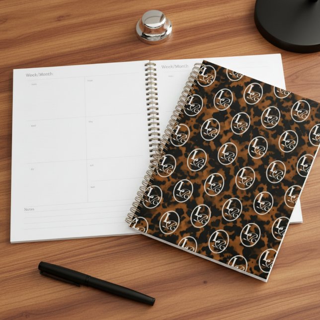 Agenda Modern Monogram Tortoise Shell Print (Add a touch of chic charm to your desk with this Elegant Typography Monogram Tortoise Shell Planner!)
