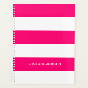 Agenda Modernas rayas blancas rosadas calientes monograma