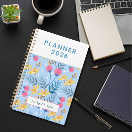 Agenda Moderno Botánico Floral Rosa Azul Elegante
