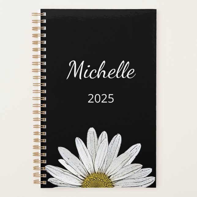 Agenda Moderno Daisy 2025 Elegante Guión Blanco Negro (Anverso)