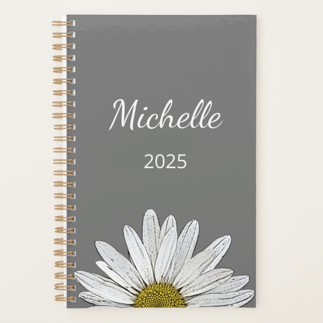 Agenda Moderno Daisy 2025 Elegante Guión Gris Botánico (Anverso)