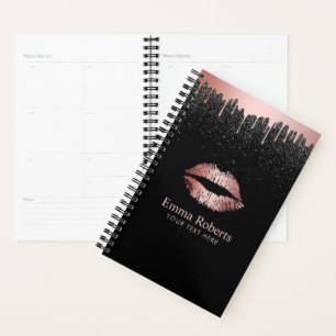 Agenda Moderno goteo Rosa Oro Lips Purpurina Negro