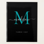 Agenda Moderno Monograma Guión verde Verde azulado negro<br><div class="desc">Moderno Monograma Negro Verde azulado Girona Verde Elegante Estilo Script Nombre 2021 Planner</div>