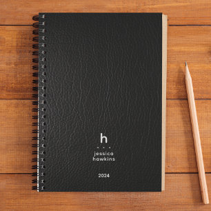 Agenda Moderno Monograma moderno de cuero negro de moda s