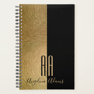 Agenda Moderno Monograma Negro y Dorado Peludo
