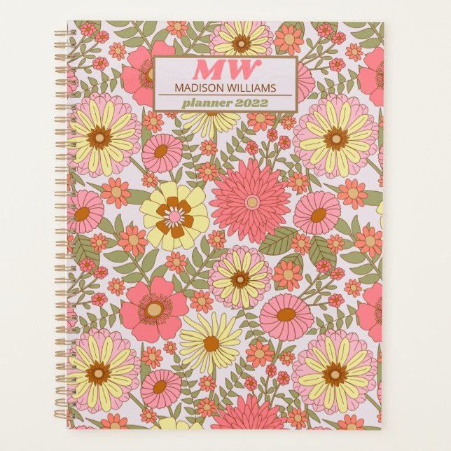 Agenda Moderno Monograma Patrón Floral Rosa 2022 Planner (Anverso)