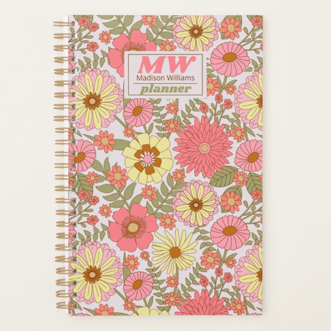 Agenda Moderno Monograma Patrón Floral Rosa 2023 Planner (Anverso)
