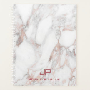 Agenda Moderno Monograma Rosa Oro Mármol Blanco Elegante