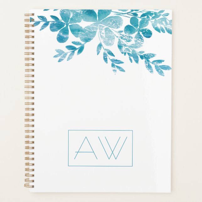 Agenda Moderno Monograma simple y elegante Floral azul bl (Anverso)