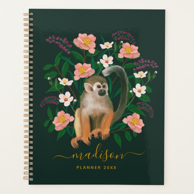Agenda Mono de ardilla floral oscuro personalizado 2023 (Anverso)