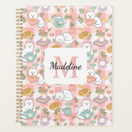 Agenda Monogram Tea & Bookish Cats Spiral Planner Pink