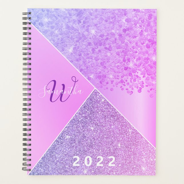 Agenda Monograma 2022 de Moda de Purpurina morado Girly (Anverso)