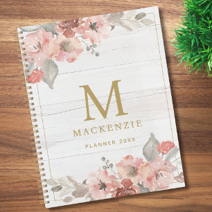 Agenda Monograma Acuarela Floral Rosa Madera Rústica