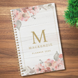 Agenda Monograma Acuarela Floral Rosa Madera Rústica