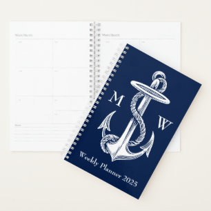 Agenda Monograma azul de la Marina de Ancla Blanca Vintag