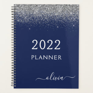 Agenda Monograma azul marino brillo plateado 2022