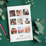 Agenda Monograma blanco de mármol de collage fotográfico<br><div class="desc">Haz tu propio collage de fotos de familia como regalo o para ti mismo. ¡Usa cuatro, nueve de tus fotos favoritas de tu familia, amigos, destino de viaje de ensueño o mascota! Personalice y agregue un nombre y un año. El nombre está escrito con una escritura de estilo con letras...</div>