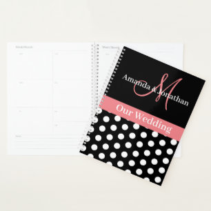 Agenda Monograma blanco negro rosado Script Polka Dot Bod