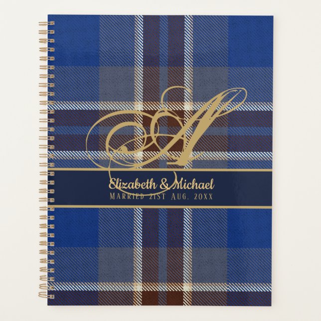Agenda Monograma Blue Tartan Plaid Newlyweds Boda (Anverso)