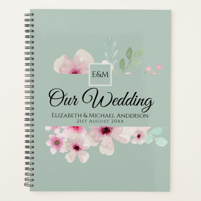 Agenda Monograma Boda Pareja Rubor Rosado Floral (Anverso)